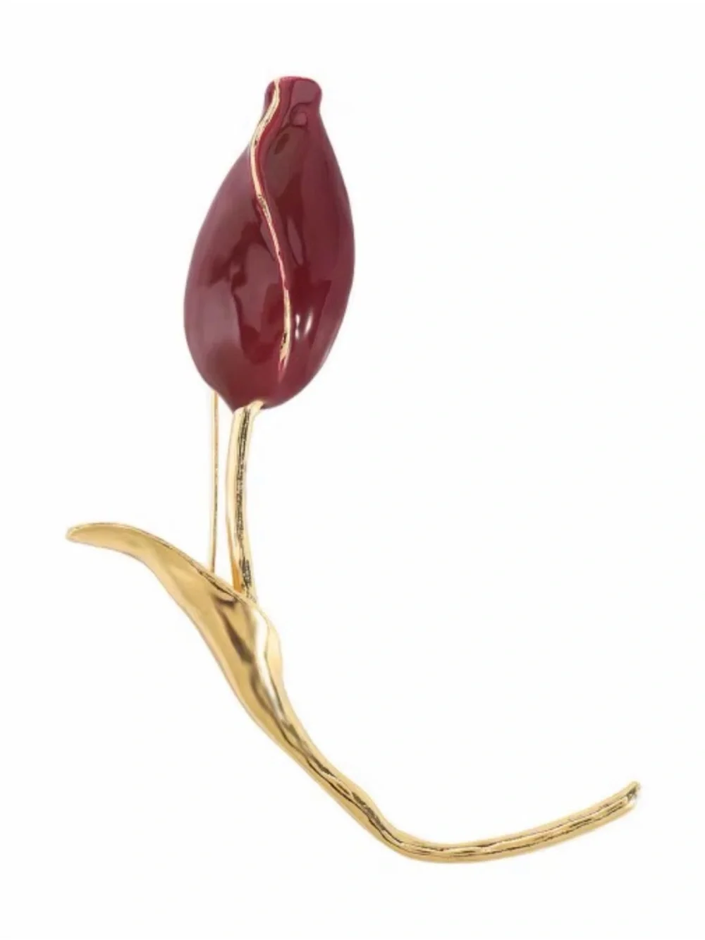 Gold Tulip Brooch with Deep Red Enamel Petal PIN